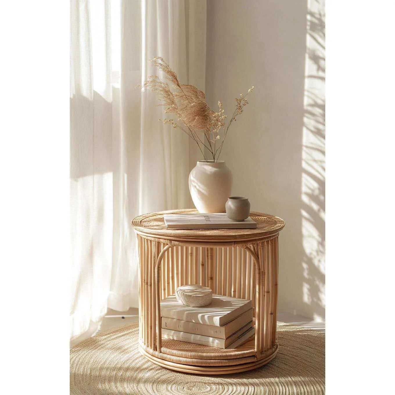 Handwoven Rattan Side Table with Open Shelf & Natural Texture Main Product Image