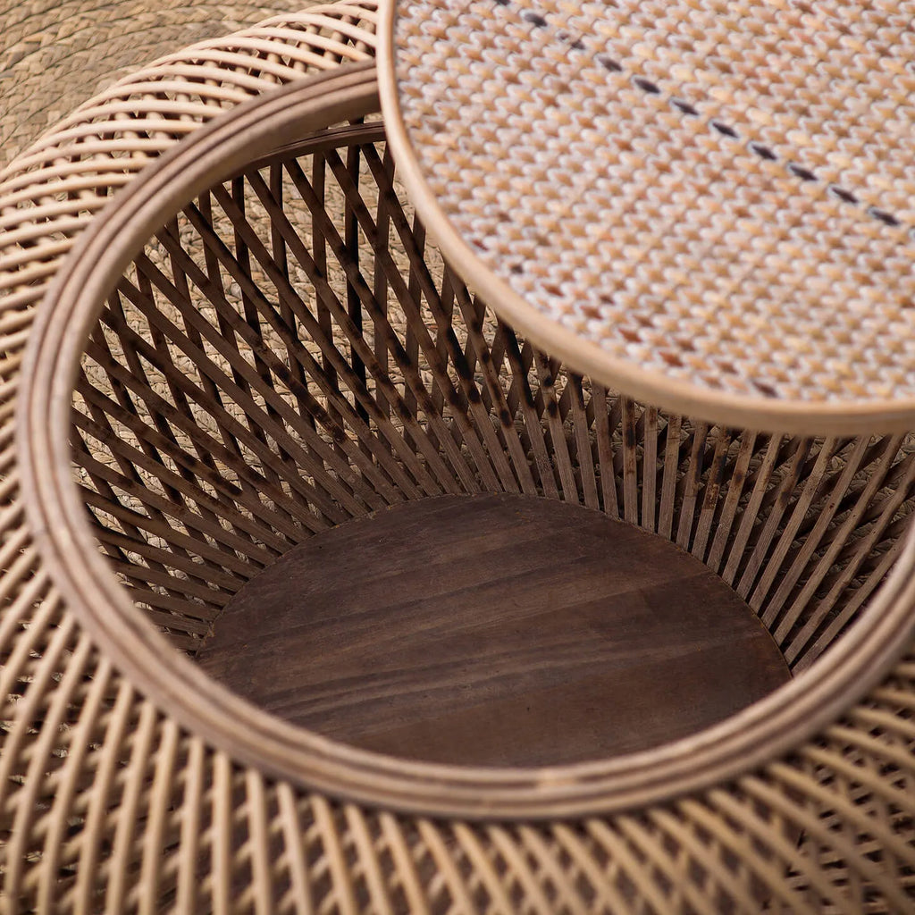 Handwoven Rattan & Solid Pine Coffee Table with Hidden Storage
