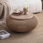 Handwoven Rattan & Solid Pine Coffee Table with Hidden Storage