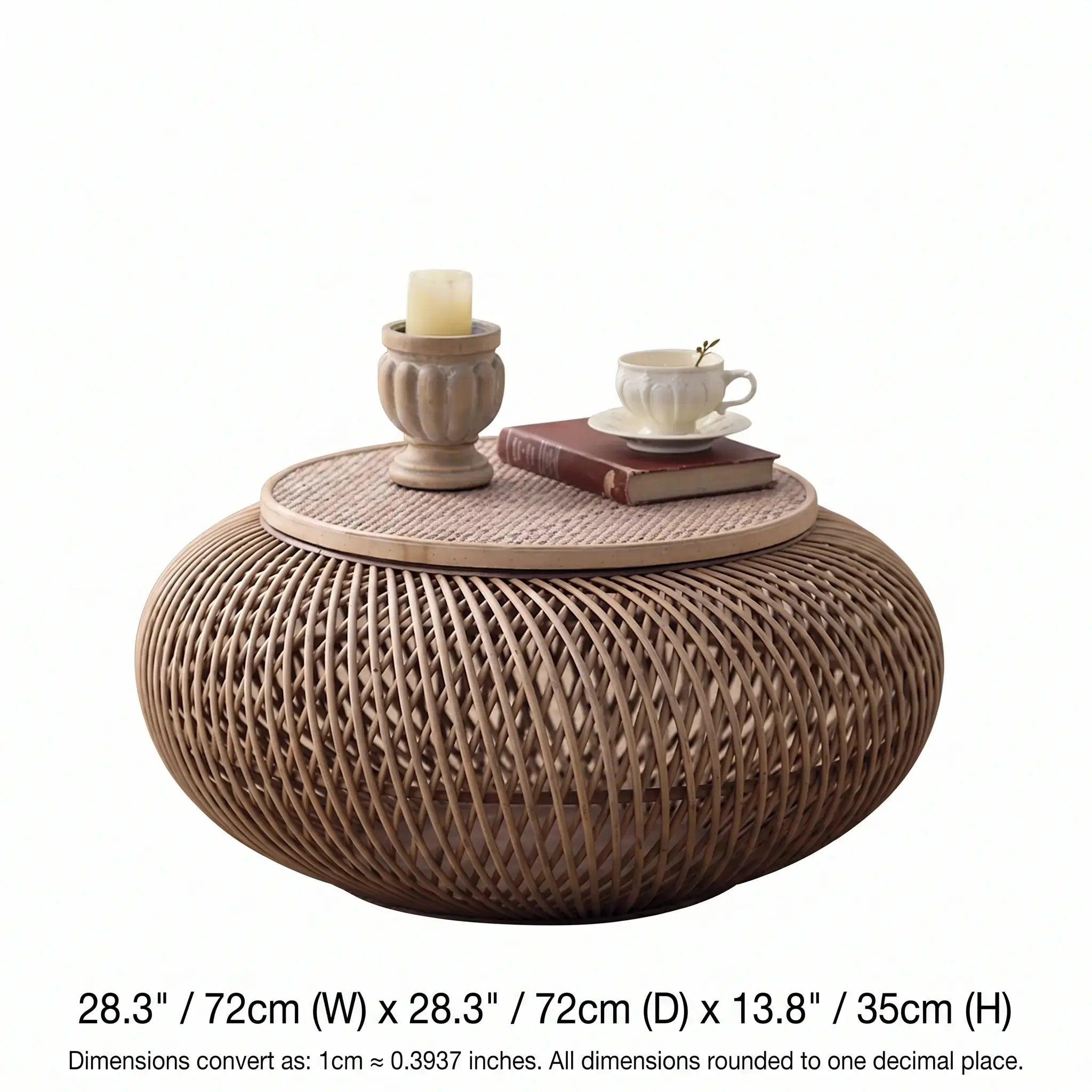 Handwoven Rattan & Solid Pine Coffee Table with Hidden Storage Dimensions