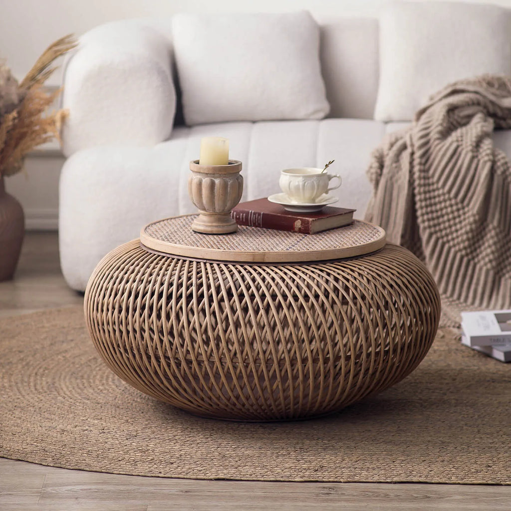 Handwoven Rattan & Solid Pine Coffee Table with Hidden Storage Main Product Image