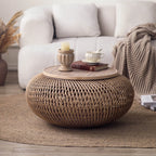 Handwoven Rattan & Solid Pine Coffee Table with Hidden Storage Main Product Image