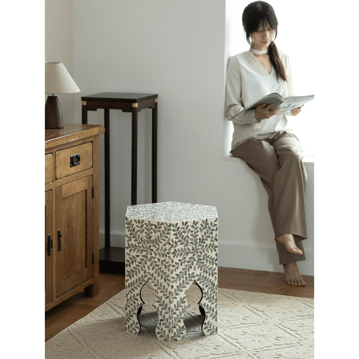 Hexagonal Mother of Pearl Side Table with Leaf Inlay and Openwork Base
