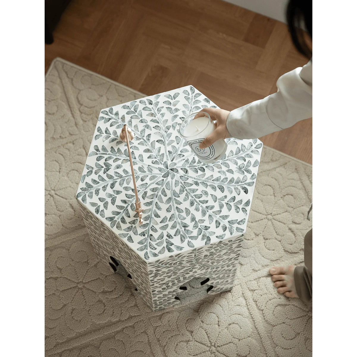 Hexagonal Mother of Pearl Side Table with Leaf Inlay and Openwork Base