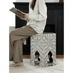 Hexagonal Mother of Pearl Side Table with Leaf Inlay and Openwork Base