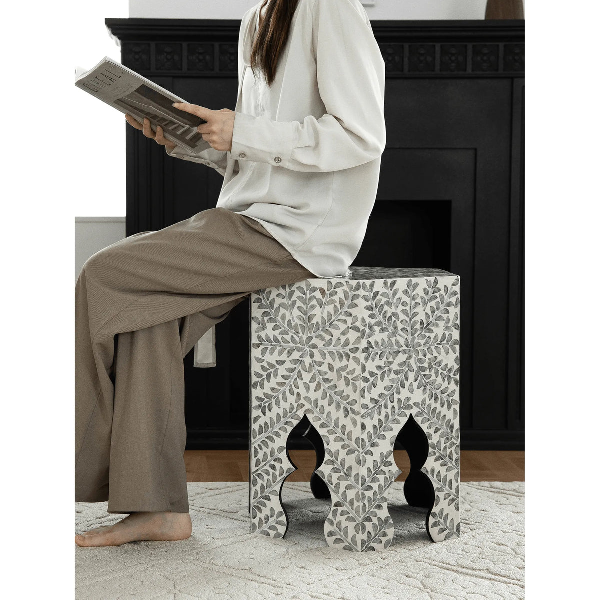 Hexagonal Mother of Pearl Side Table with Leaf Inlay and Openwork Base