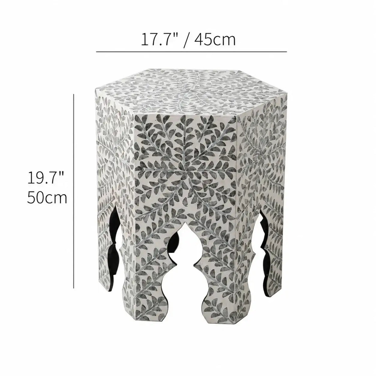 Hexagonal Mother of Pearl Side Table with Leaf Inlay and Openwork Base Dimensions