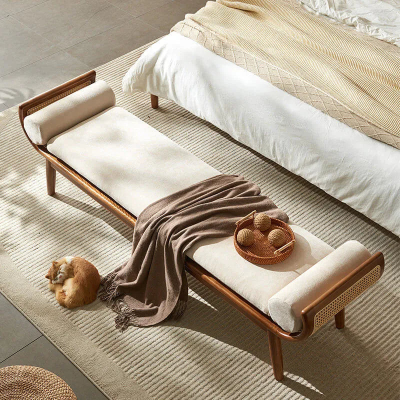 Honey Brown Rattan Entryway Bench, Curved Solid Wood Indoor Bench Secondary image