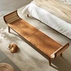 Honey Brown Rattan Entryway Bench, Curved Solid Wood Indoor Bench