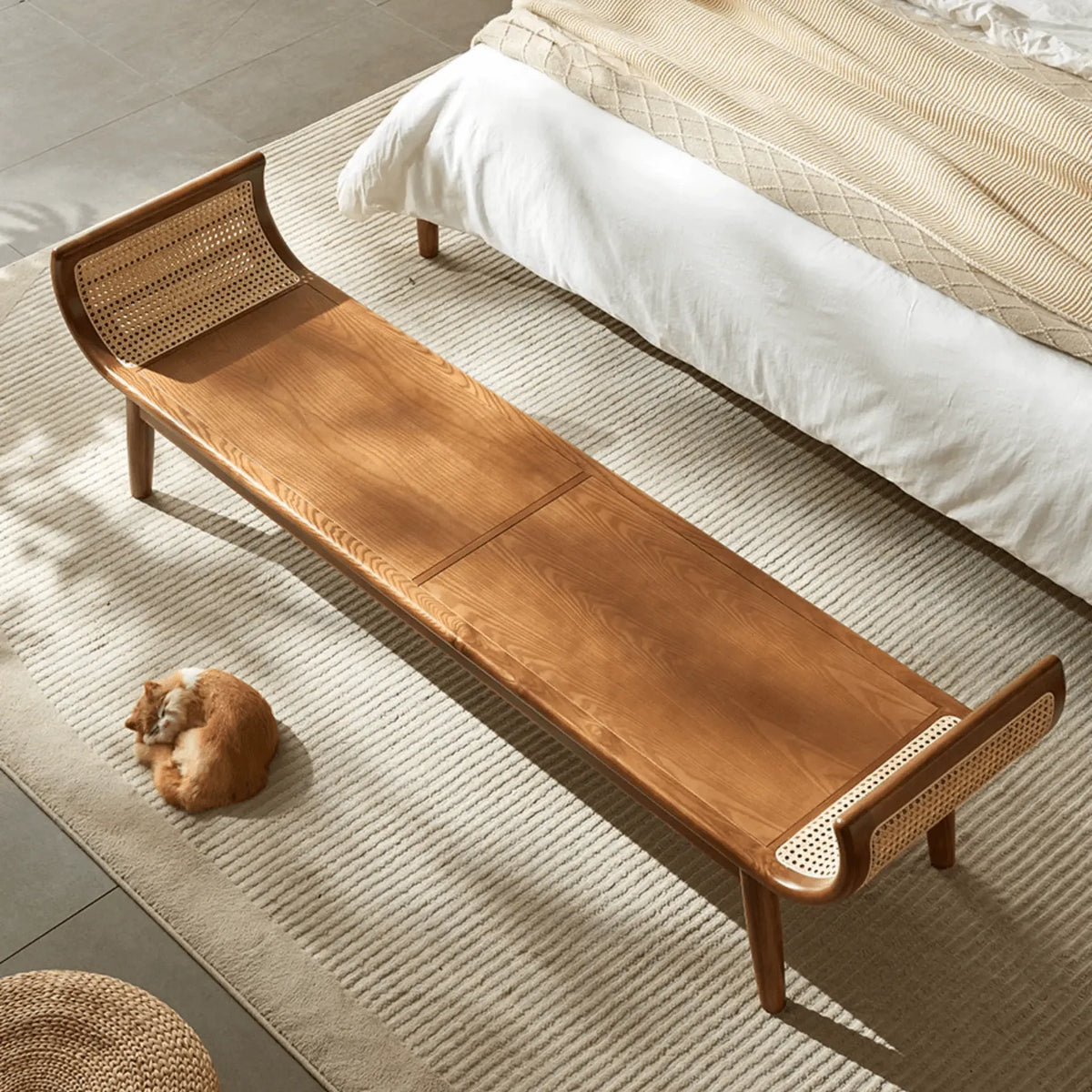 Honey Brown Rattan Entryway Bench, Curved Solid Wood Indoor Bench