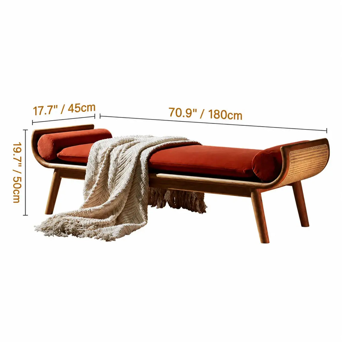 Honey Brown Rattan Entryway Bench, Curved Solid Wood Indoor Bench