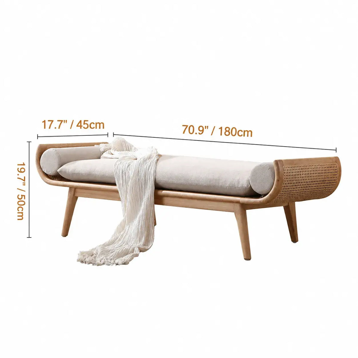 Honey Brown Rattan Entryway Bench, Curved Solid Wood Indoor Bench