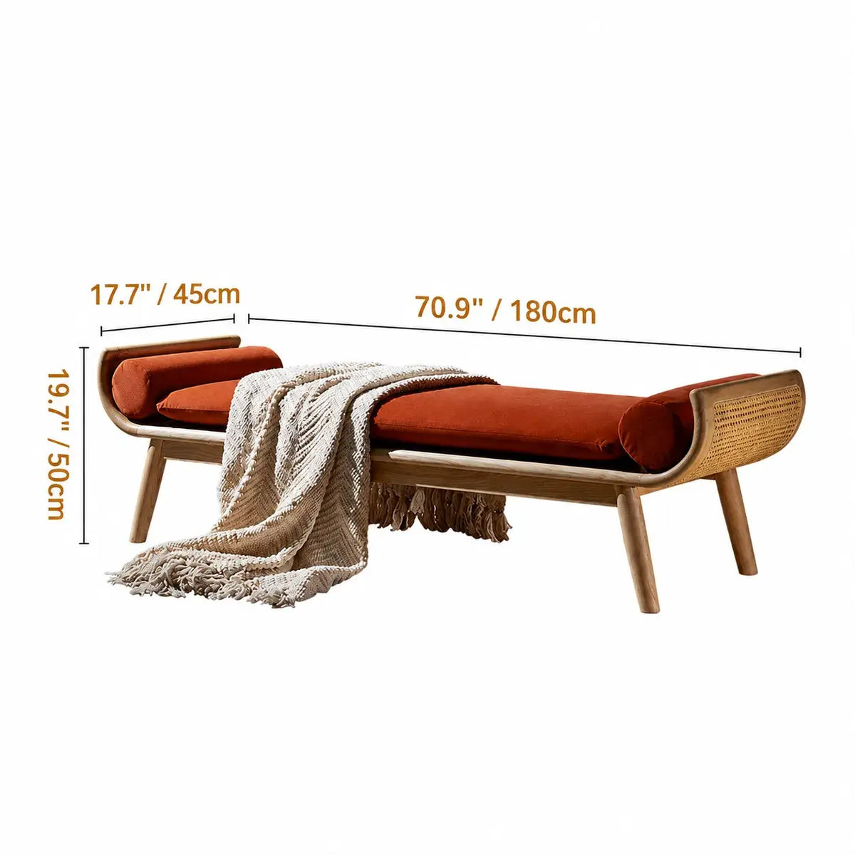 Honey Brown Rattan Entryway Bench, Curved Solid Wood Indoor Bench