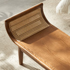 Honey Brown Rattan Entryway Bench, Curved Solid Wood Indoor Bench