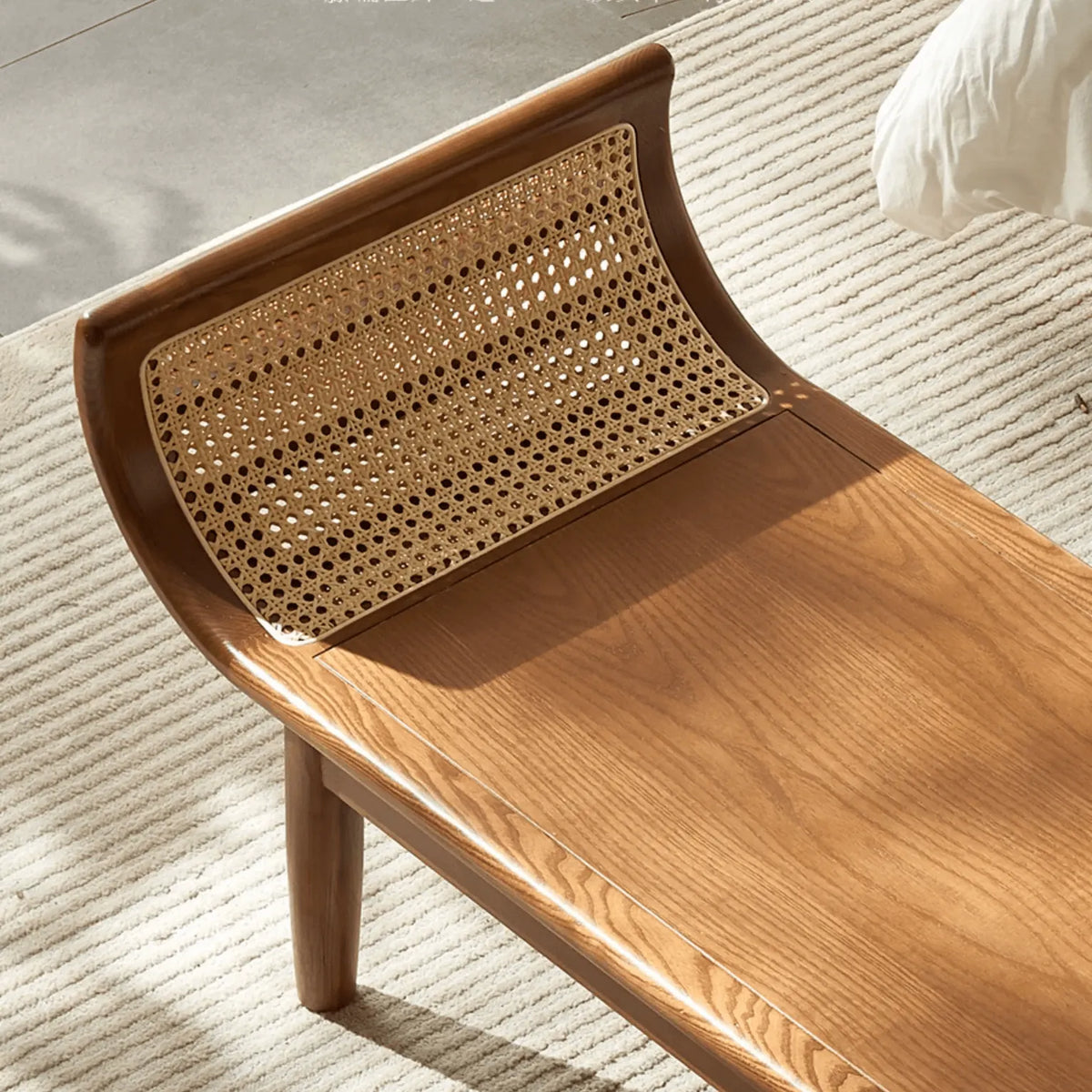 Honey Brown Rattan Entryway Bench, Curved Solid Wood Indoor Bench