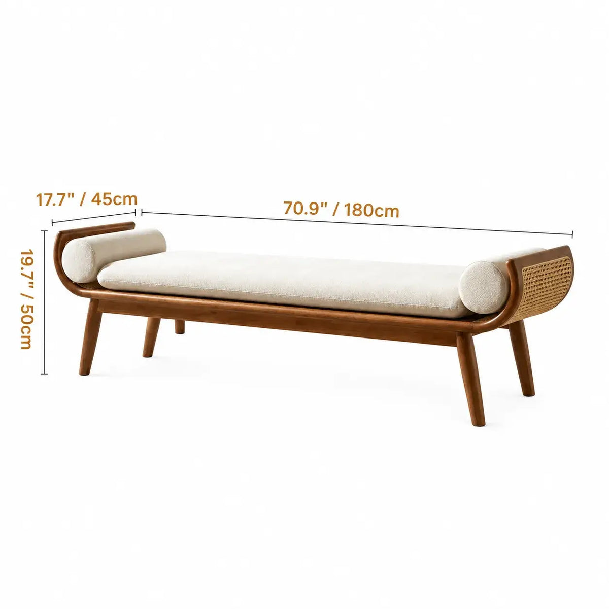 Honey Brown Rattan Entryway Bench, Curved Solid Wood Indoor Bench