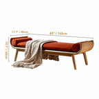 Honey Brown Rattan Entryway Bench, Curved Solid Wood Indoor Bench