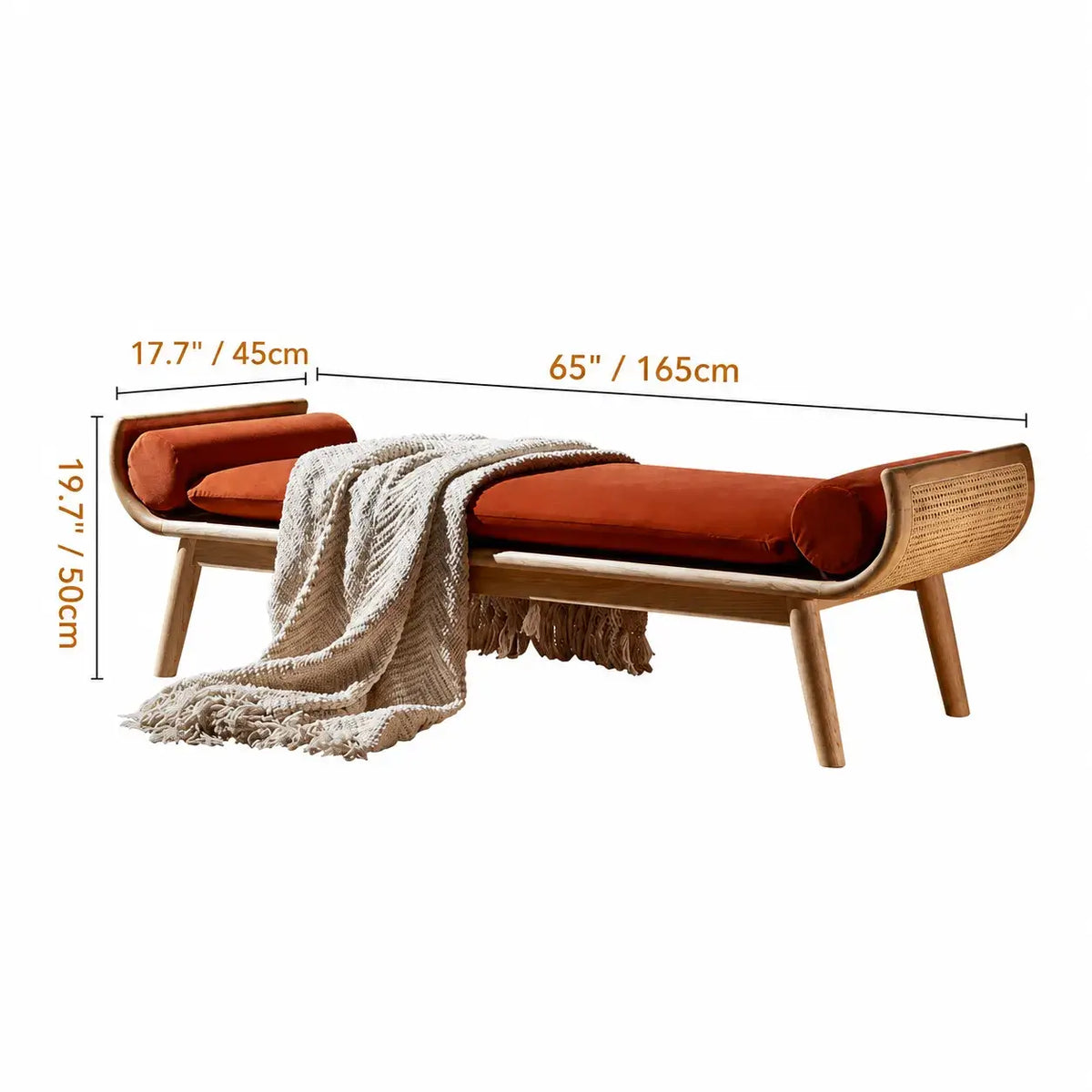Honey Brown Rattan Entryway Bench, Curved Solid Wood Indoor Bench