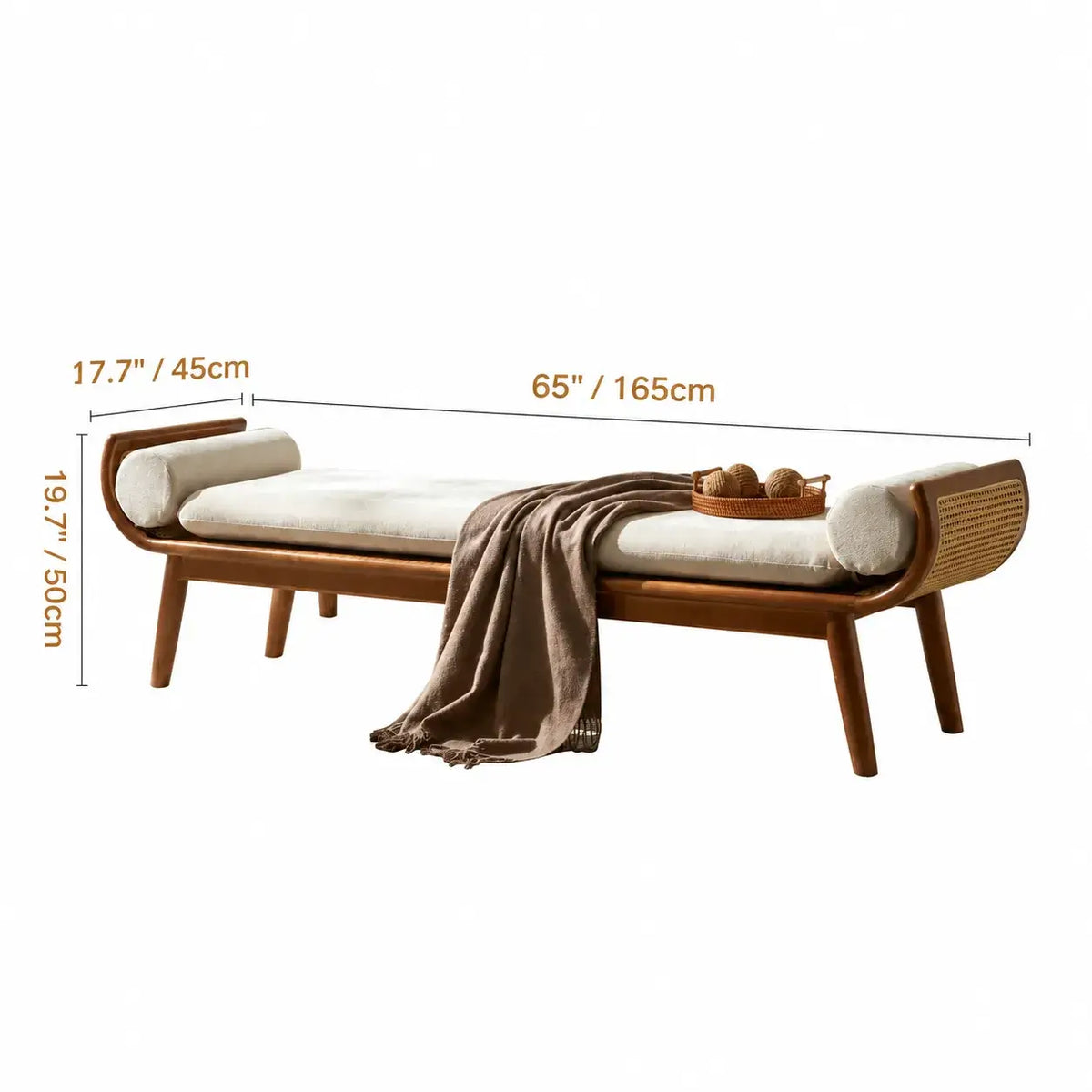 Honey Brown Rattan Entryway Bench, Curved Solid Wood Indoor Bench