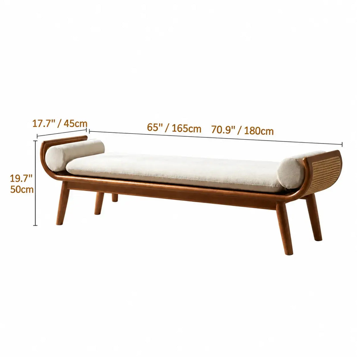 Honey Brown Rattan Entryway Bench, Curved Solid Wood Indoor Bench Dimensions
