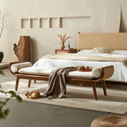 Honey Brown Rattan Entryway Bench, Curved Solid Wood Indoor Bench Main Product Image