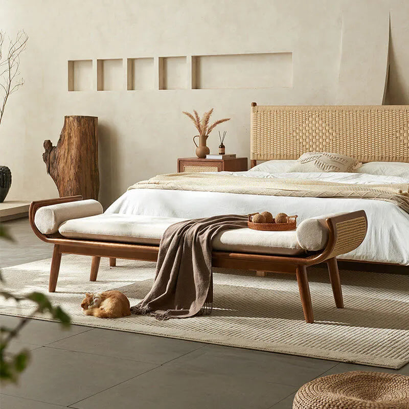 Honey Brown Rattan Entryway Bench, Curved Solid Wood Indoor Bench Main Product Image