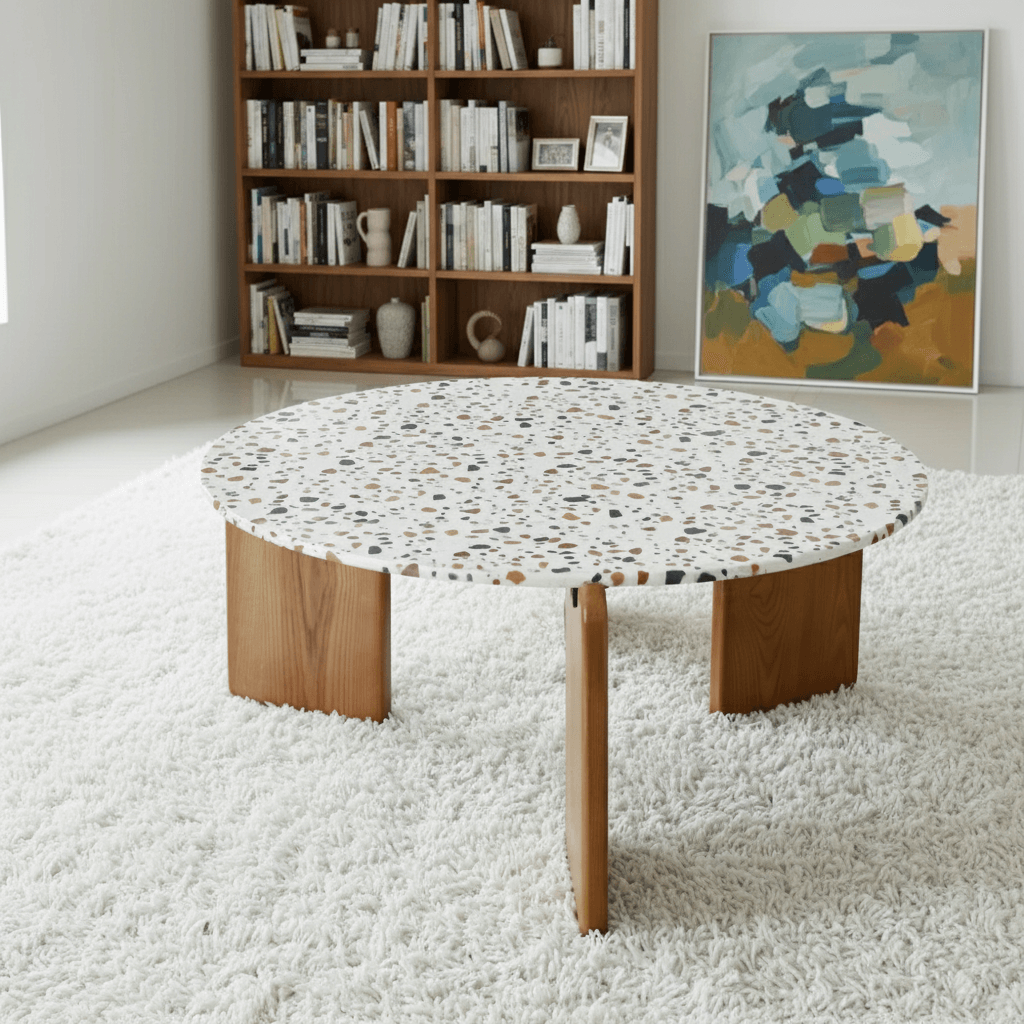 Nordisch Inspirierter Terrazzo-Couchtisch - Einzigartiges Rundes Design mit Qualitätsholzbeinen Hauptbild