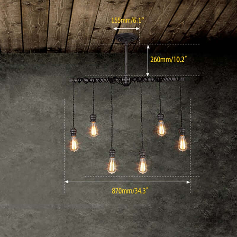 Industrial 6-Light Linear Pendant Light in Brushed Black Metal Dimensions