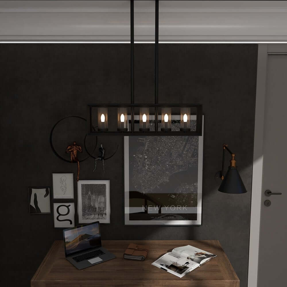 Industrial Black 5-Light Linear Pendant with Clear Glass Shades