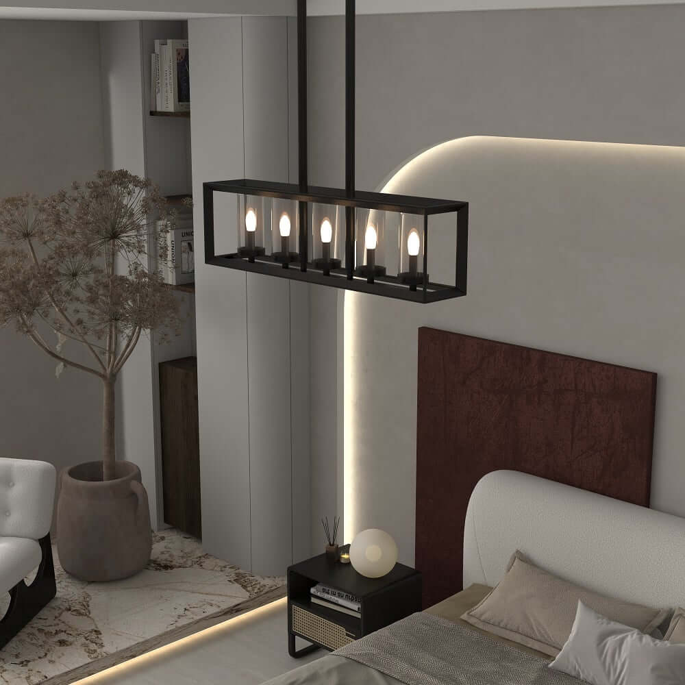 Industrial Black 5-Light Linear Pendant with Clear Glass Shades Image secondaire du produit