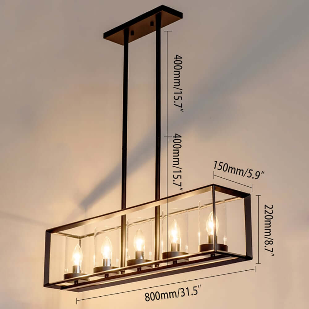 Industrial Black 5-Light Linear Pendant with Clear Glass Shades Dimensions