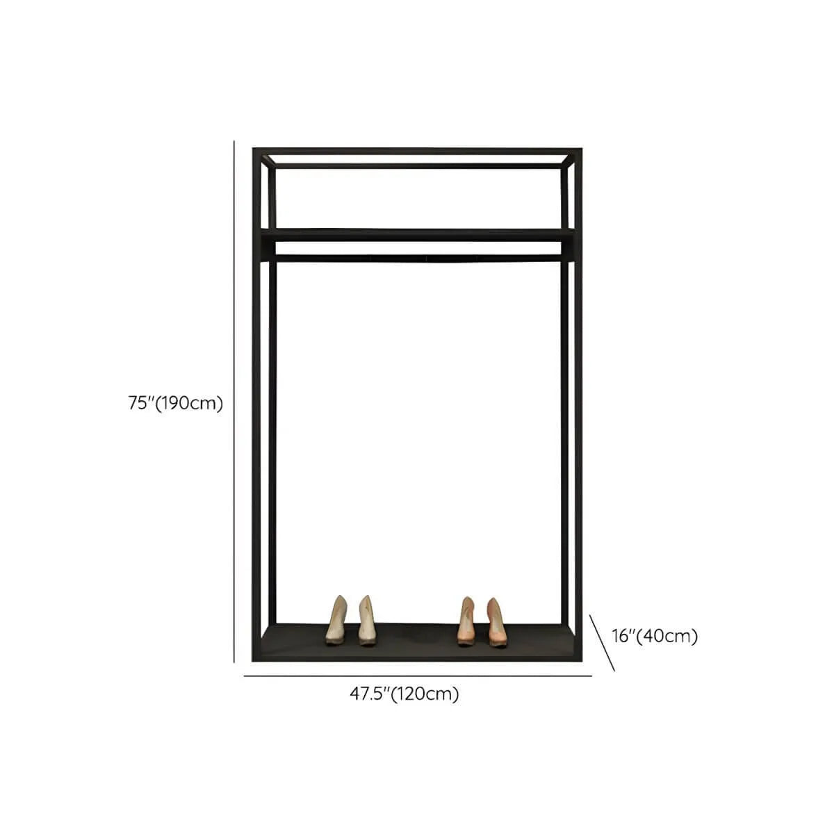 Industrial Black Metal Hall Tree with Shelves and Hanging Rods Dimensions