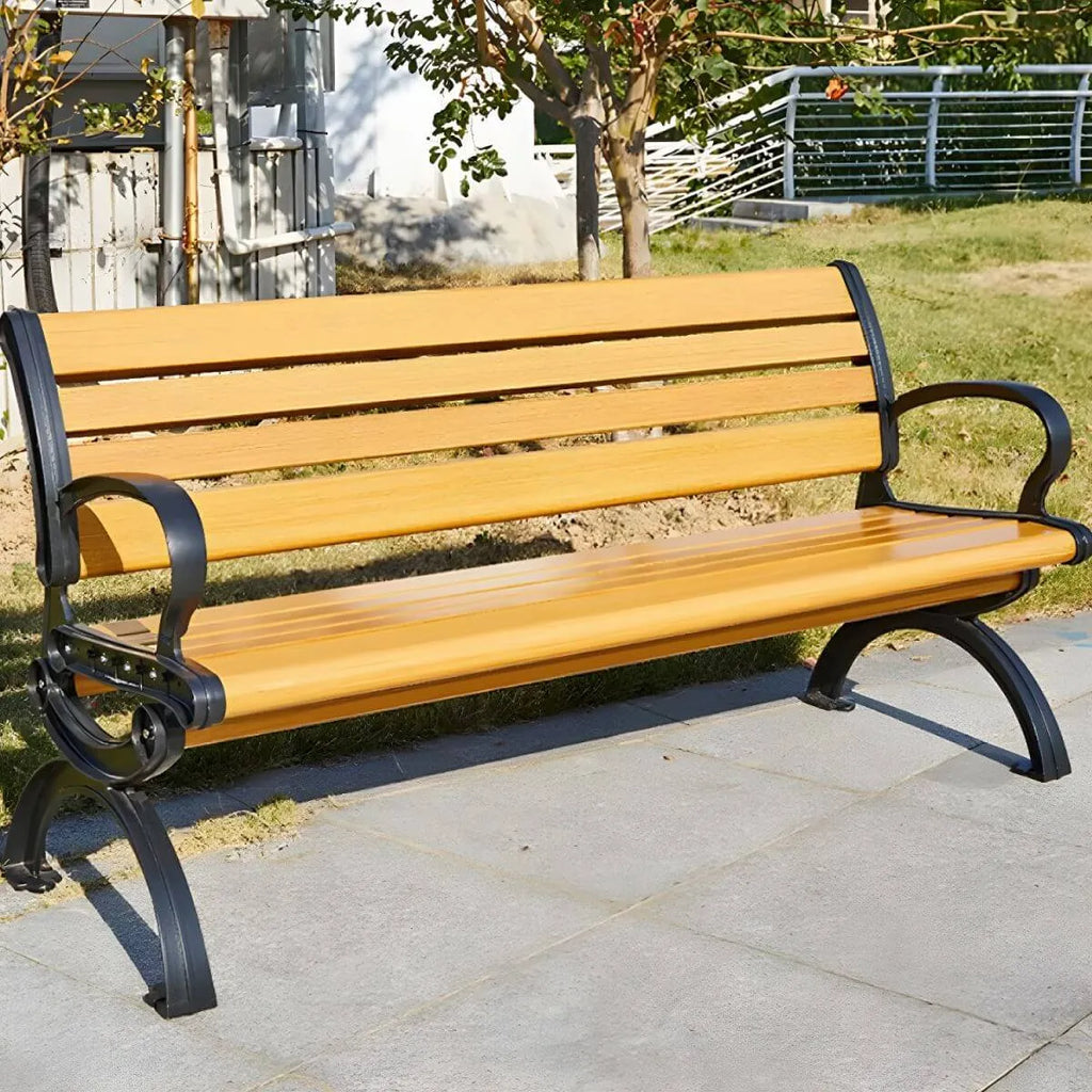 Industrial Cast Iron Bench with Solid Wood Slats and Curved Armrests