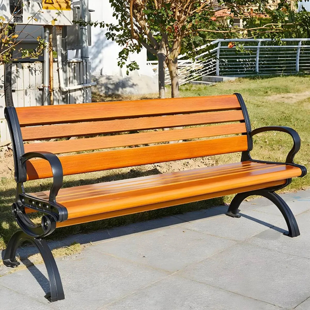 Industrial Cast Iron Bench with Solid Wood Slats and Curved Armrests