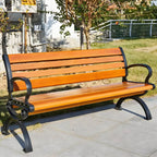 Industrial Cast Iron Bench with Solid Wood Slats and Curved Armrests