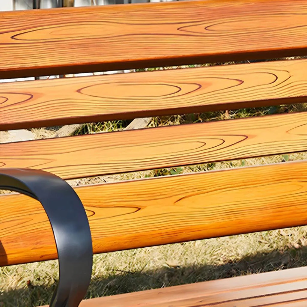 Industrial Cast Iron Bench with Solid Wood Slats and Curved Armrests
