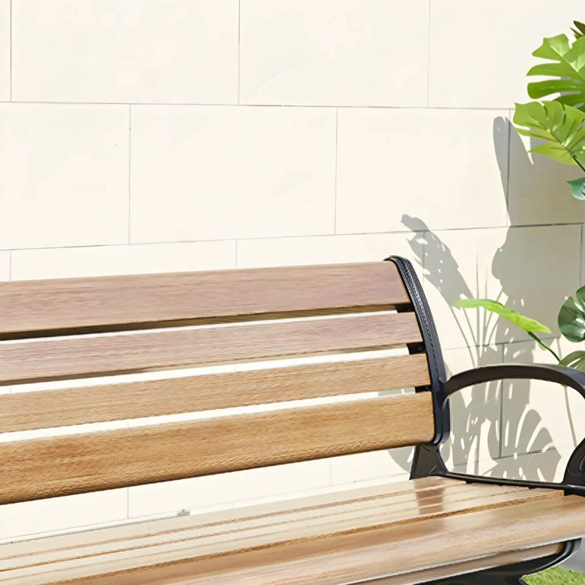 Industrial Cast Iron Bench with Solid Wood Slats and Curved Armrests