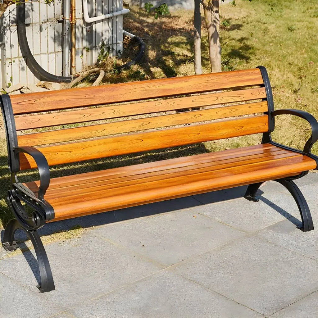 Industrial Cast Iron Bench with Solid Wood Slats and Curved Armrests