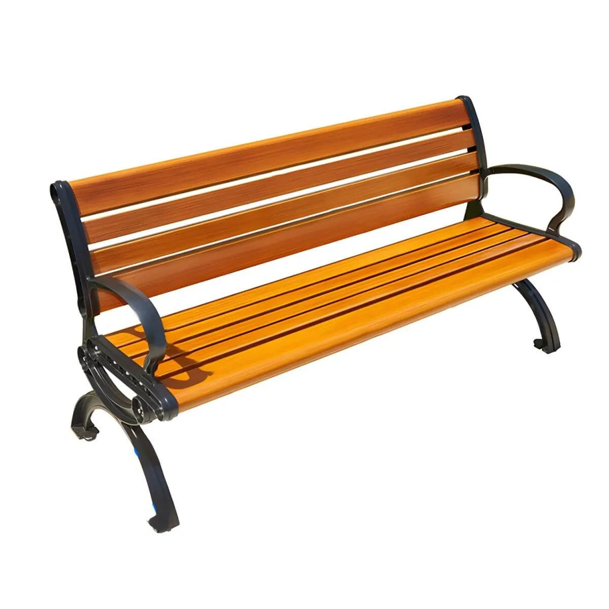 Industrial Cast Iron Bench with Solid Wood Slats and Curved Armrests