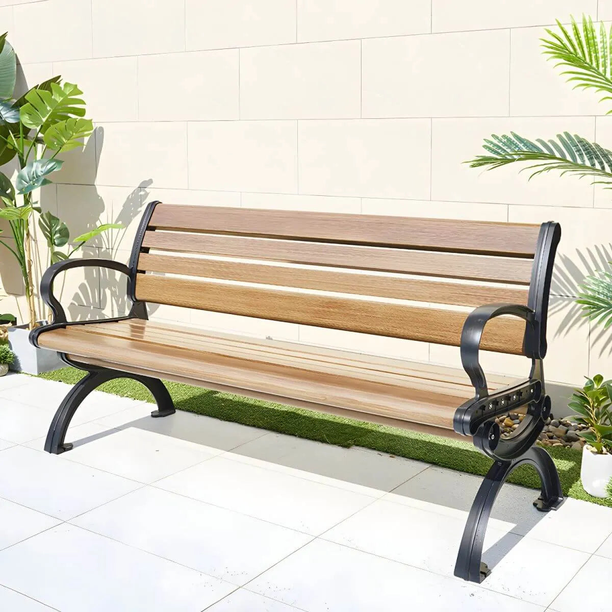 Industrial Cast Iron Bench with Solid Wood Slats and Curved Armrests