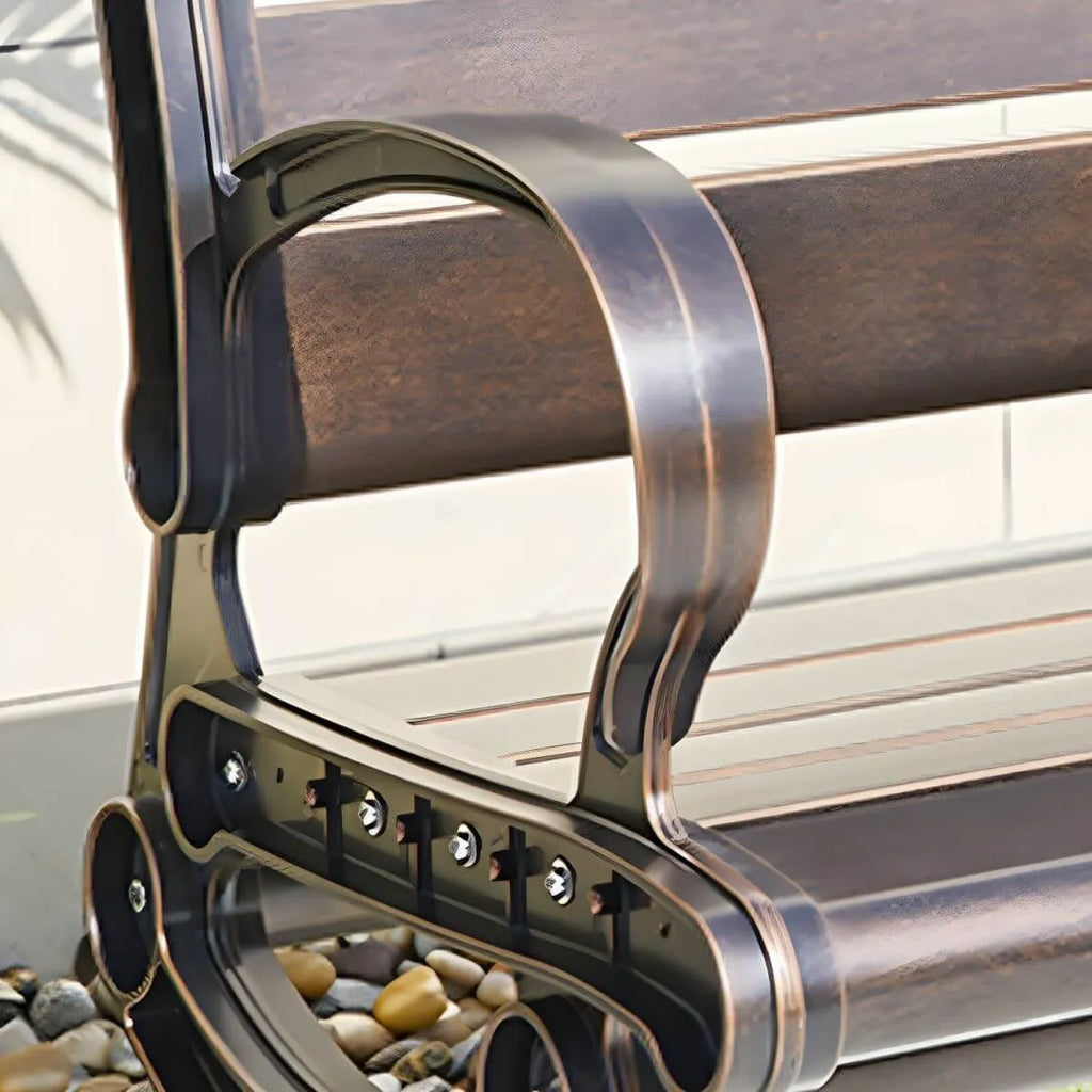 Industrial Cast Iron Bench with Solid Wood Slats and Curved Armrests