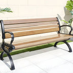 Industrial Cast Iron Bench with Solid Wood Slats and Curved Armrests