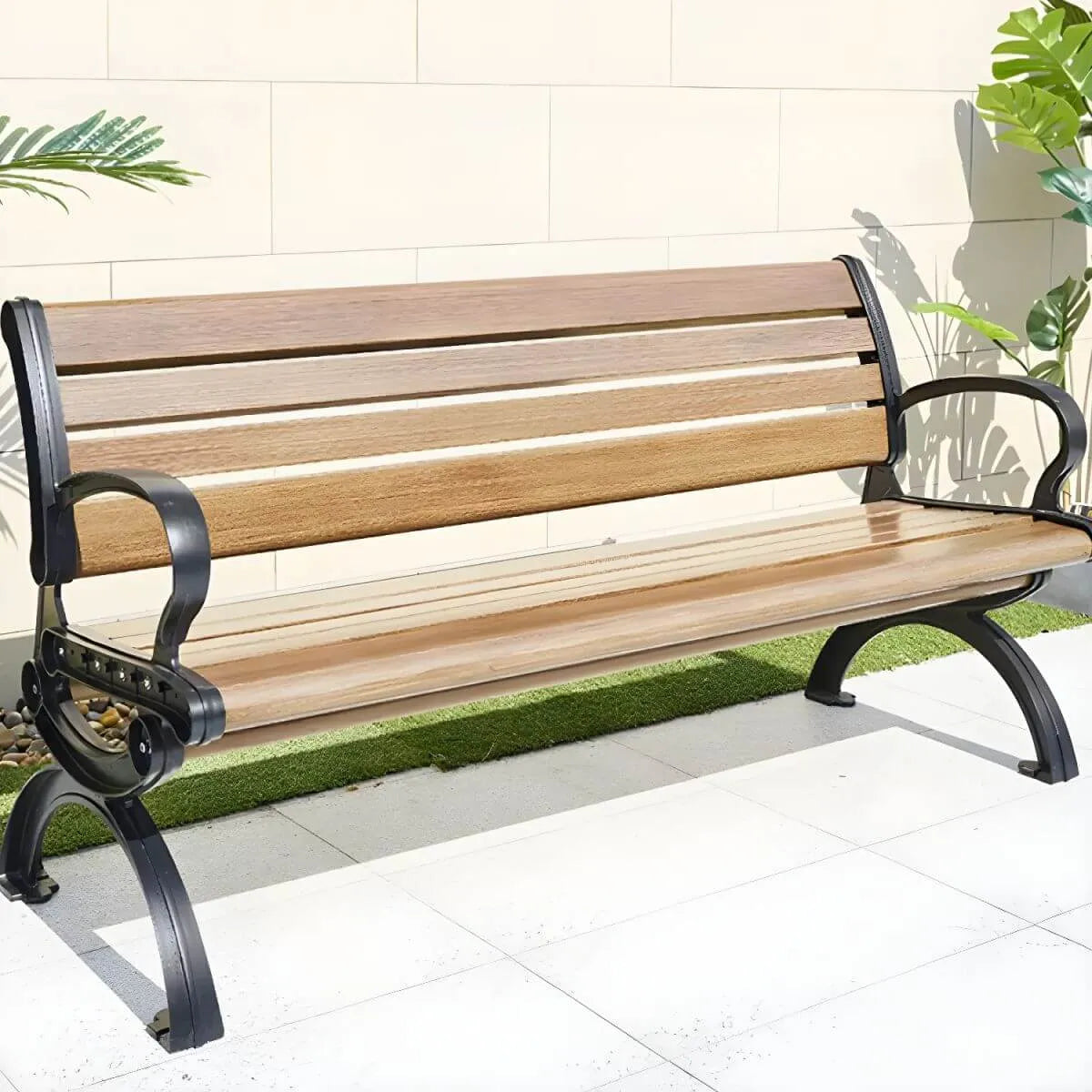 Industrial Cast Iron Bench with Solid Wood Slats and Curved Armrests