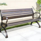 Industrial Cast Iron Bench with Solid Wood Slats and Curved Armrests