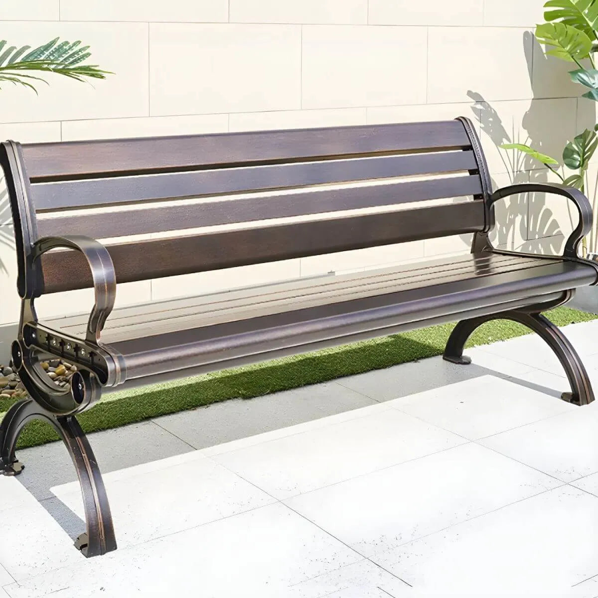 Industrial Cast Iron Bench with Solid Wood Slats and Curved Armrests