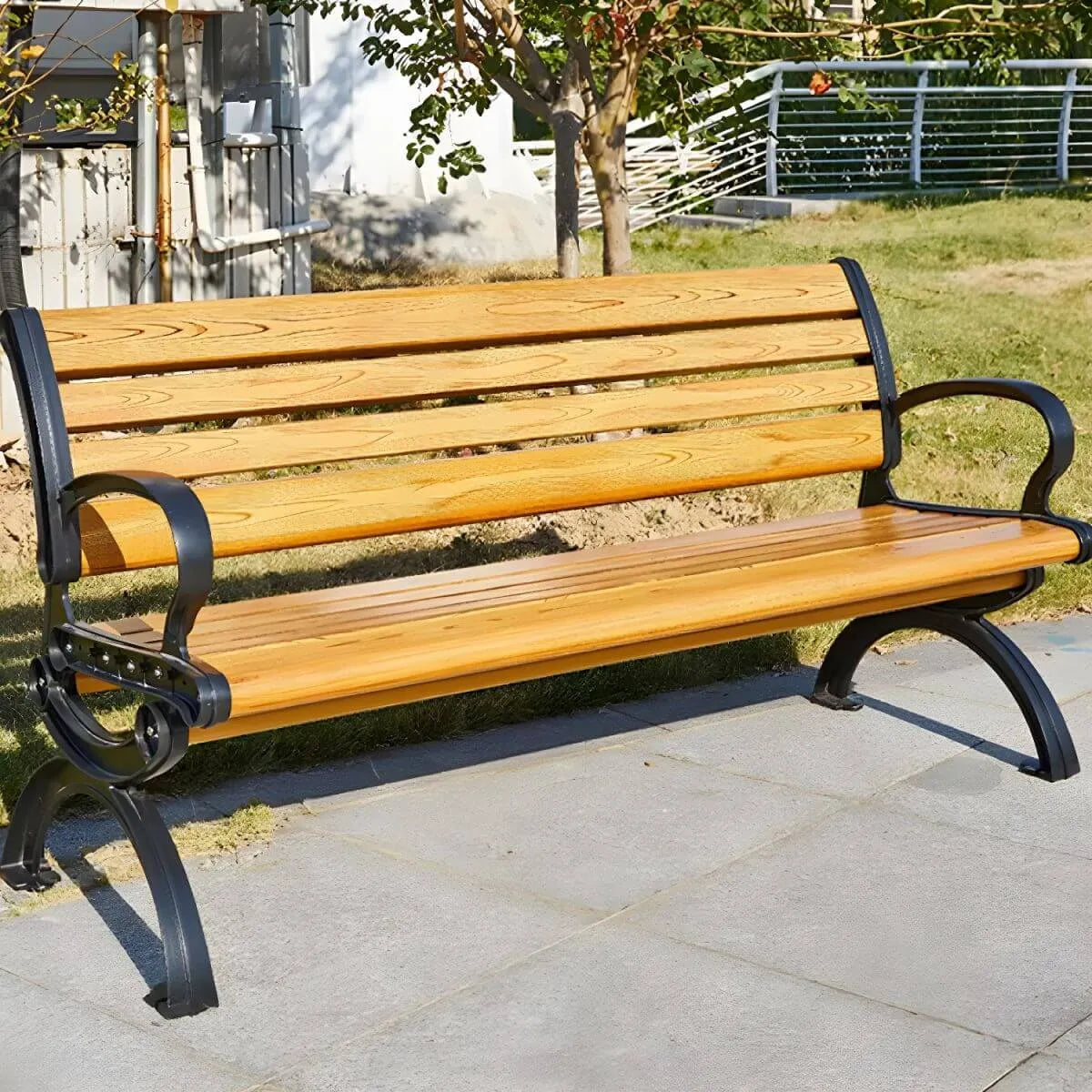 Industrial Cast Iron Bench with Solid Wood Slats and Curved Armrests