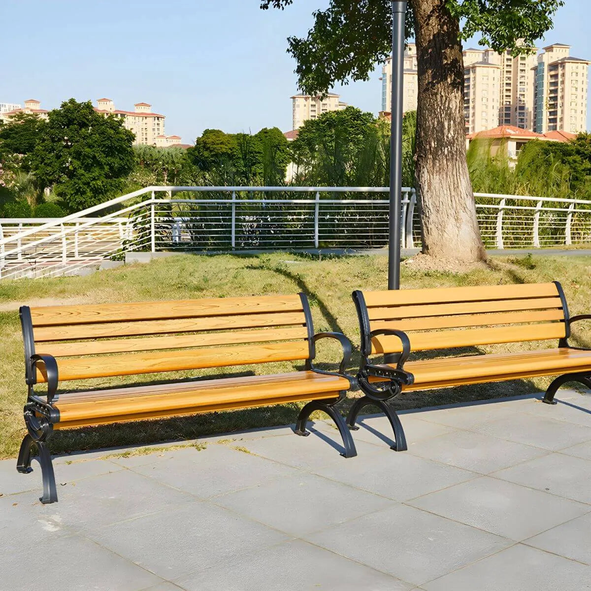 Industrial Cast Iron Bench with Solid Wood Slats and Curved Armrests