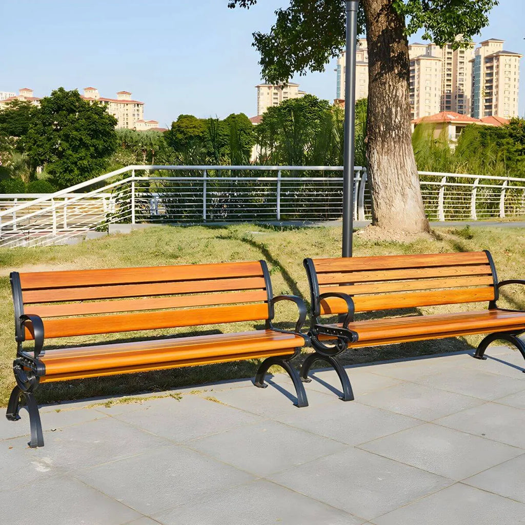 Industrial Cast Iron Bench with Solid Wood Slats and Curved Armrests