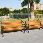 Industrial Cast Iron Bench with Solid Wood Slats and Curved Armrests