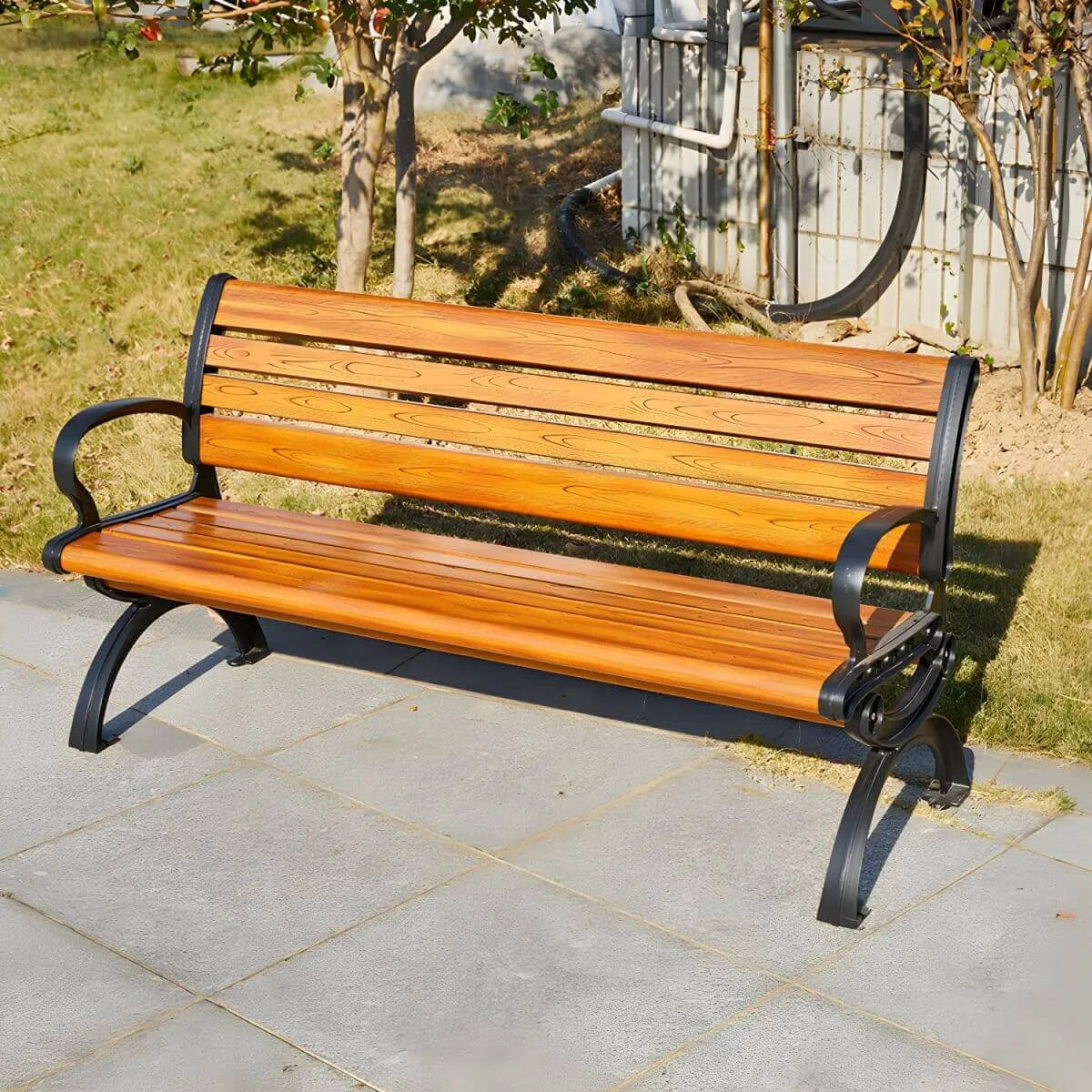 Industrial Cast Iron Bench with Solid Wood Slats and Curved Armrests Main Product Image